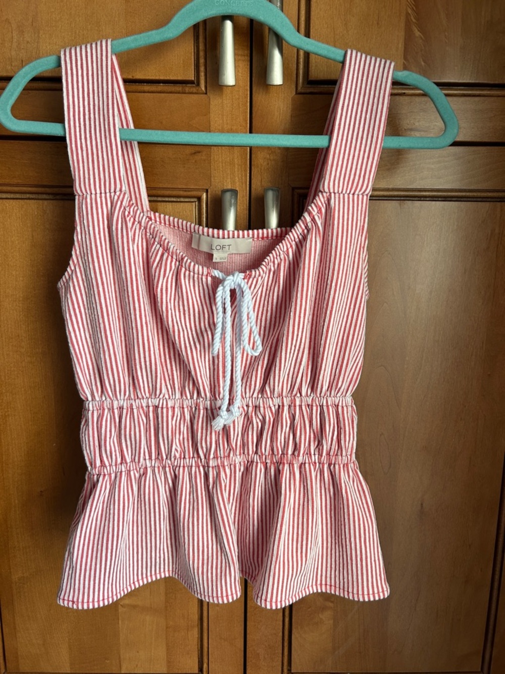 LOFT Pink and White Striped Drawstring Peplum Top